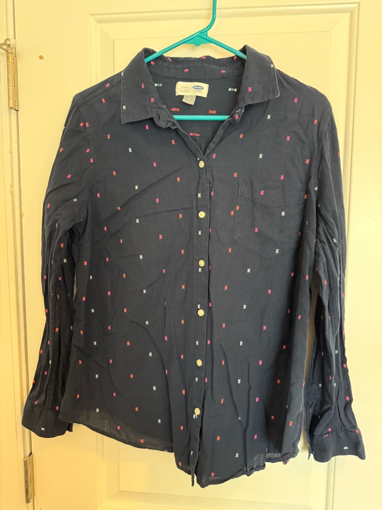 Old Navy Navy Shirt With Pink And Coral Embroidered Accents